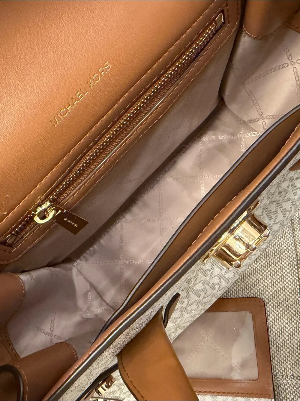 Michael Kors Brown and Cream Signature Satchel with Chain Accent